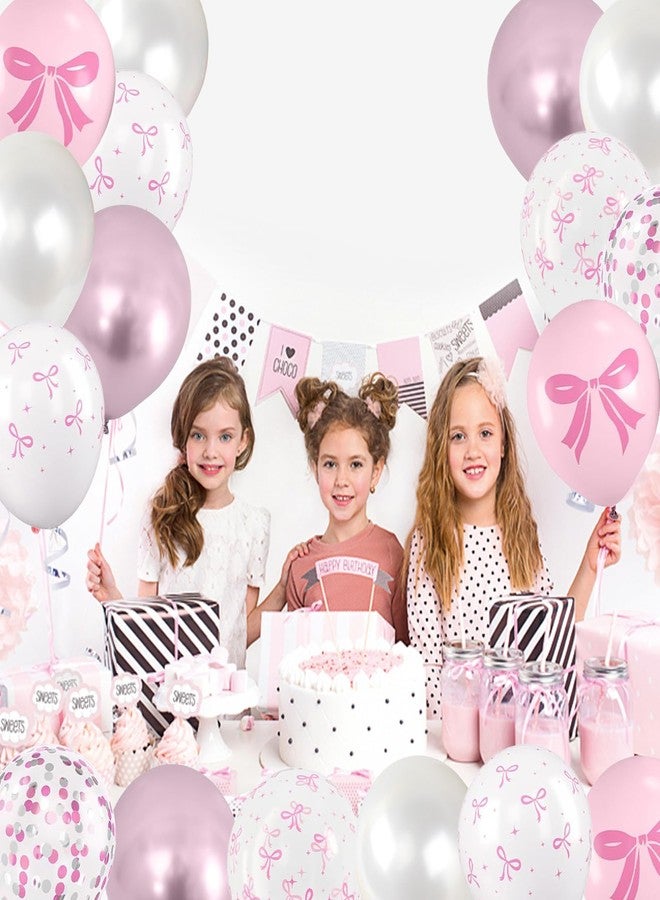 Togvu Pink Bow Balloons, 60 Pcs 12 inch Light Baby Pink Pearl White Balloons, Bow Printed Balloon Metallic Confetti Balloon for Girl Women Princess Birthday Baby Shower Bachelorette Wedding Party Decoration - Image 4